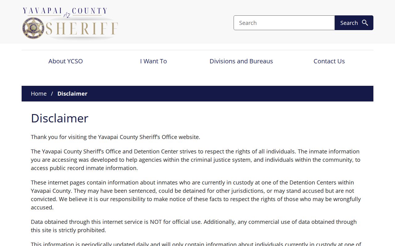 YCSO inmate search disclaimer explaining current custody and periodic updates