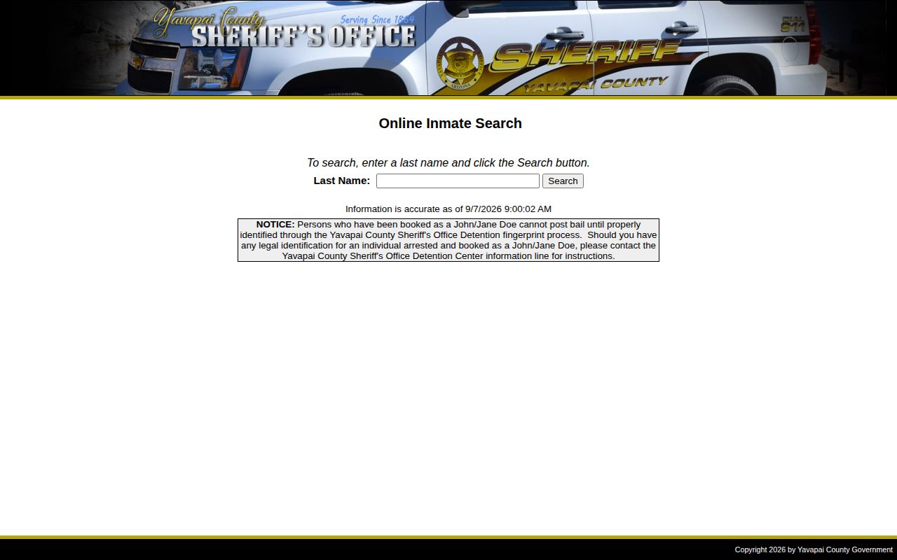 Yavapai County Online Inmate Search showing last-name search and timestamp