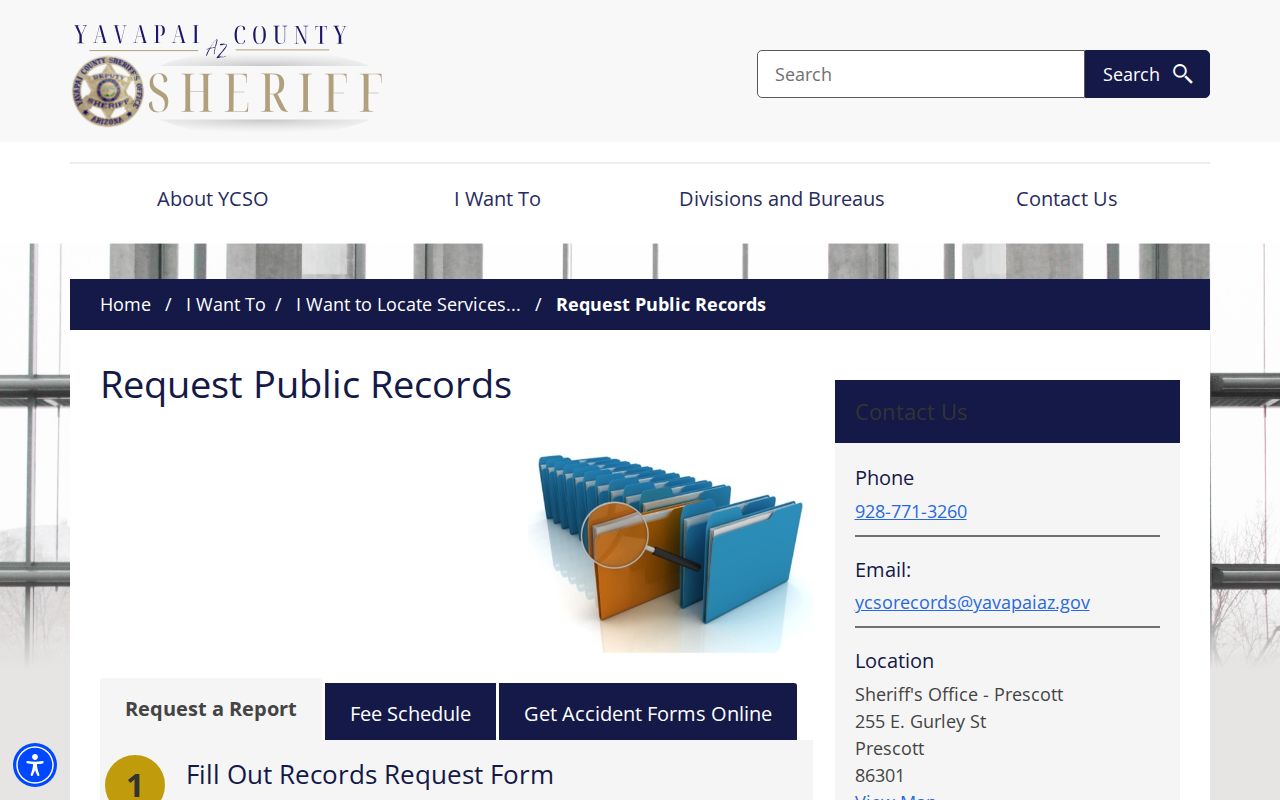 YCSO public records request page listing booking reports and jail booking photos