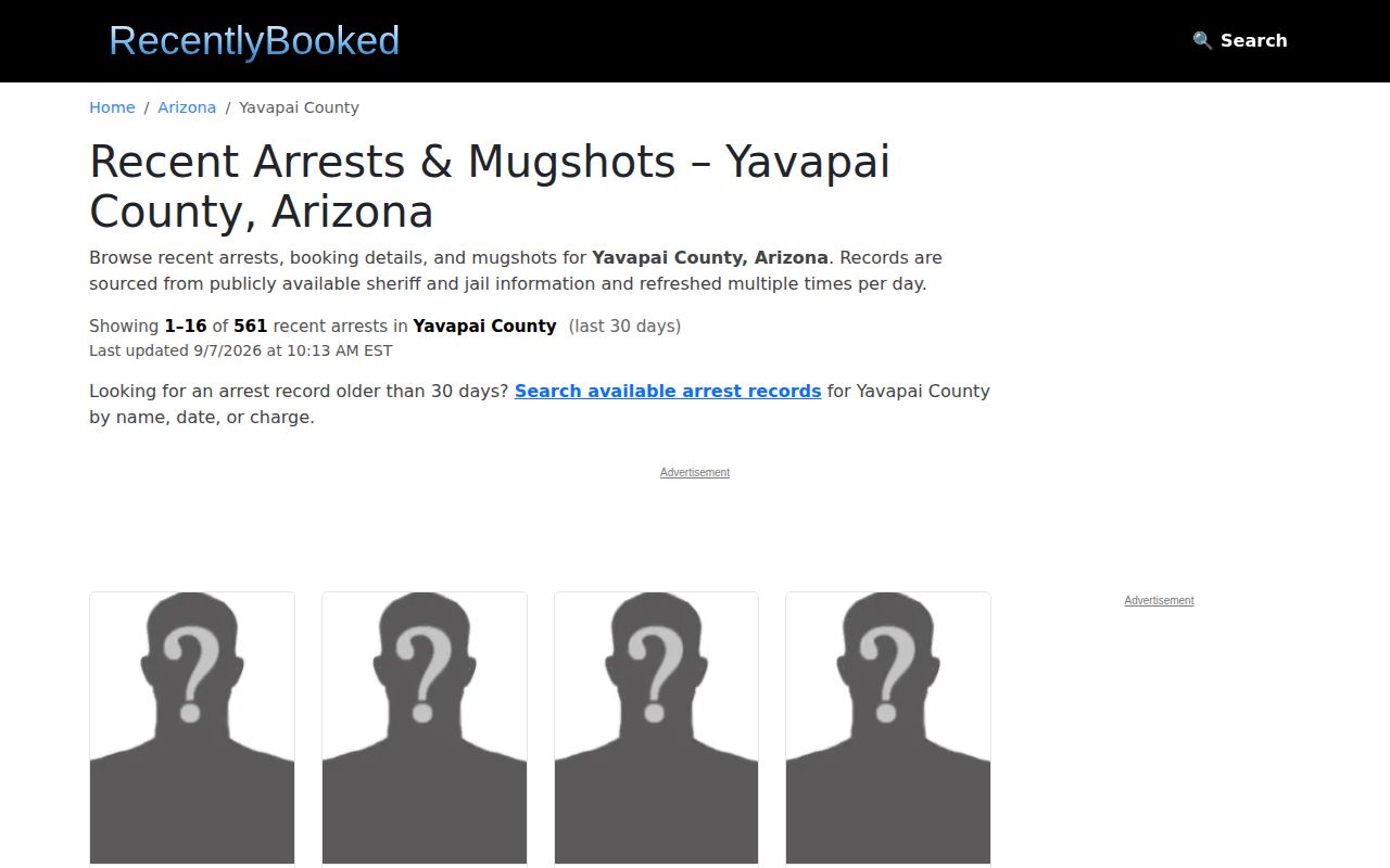 RecentlyBooked unofficial Yavapai County rolling arrest list interface
