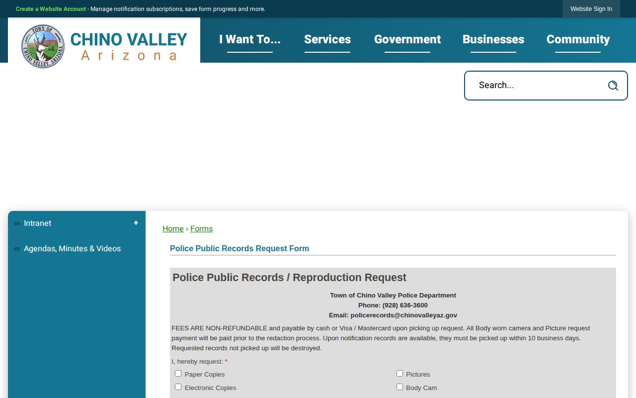 Chino Valley Police public records and reproduction request form